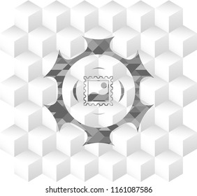 picture icon inside grey emblem. Retro with geometric cube white background