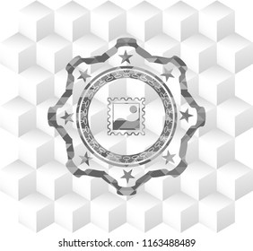 picture icon inside grey emblem with cube white background