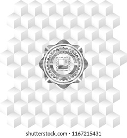 picture icon inside grey emblem with geometric cube white background