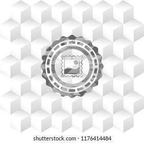 picture icon inside grey emblem. Retro with geometric cube white background