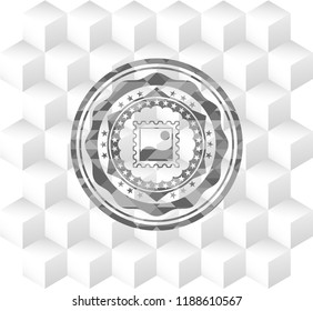 picture icon inside grey icon or emblem with geometric cube white background