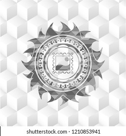 picture icon inside grey emblem. Retro with geometric cube white background