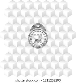 picture icon inside grey emblem with geometric cube white background
