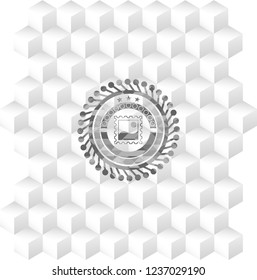 picture icon inside grey icon or emblem with geometric cube white background