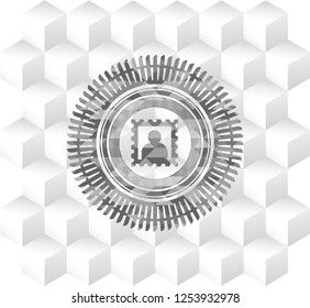 picture icon inside grey emblem with geometric cube white background
