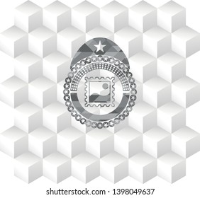 picture icon inside grey icon or emblem with geometric cube white background