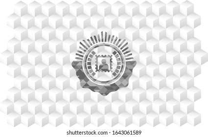 picture icon inside grey emblem. Retro with geometric cube white background
