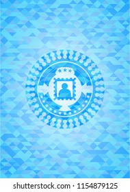 picture icon inside light blue emblem. Mosaic background