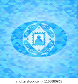 picture icon inside light blue emblem with mosaic ecological style background