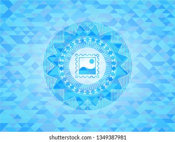 picture icon inside light blue emblem with mosaic ecological style background