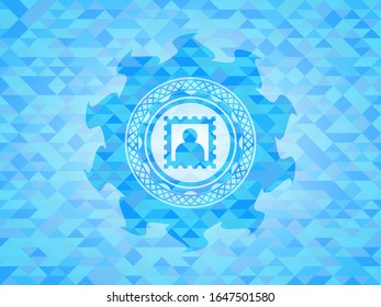 picture icon inside light blue emblem with mosaic background