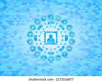 picture icon inside light blue emblem. Mosaic background. 