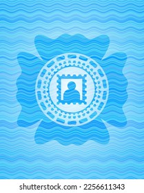 picture icon inside light blue water wave badge background. 