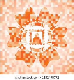 picture icon inside orange tile background illustration. Square geometric mosaic seamless pattern with emblem inside.