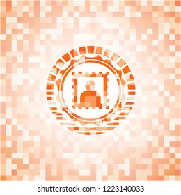 picture icon inside orange tile background illustration. Square geometric mosaic seamless pattern with emblem inside.