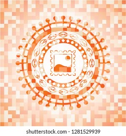 picture icon inside orange tile background illustration. Square geometric mosaic seamless pattern with emblem inside.