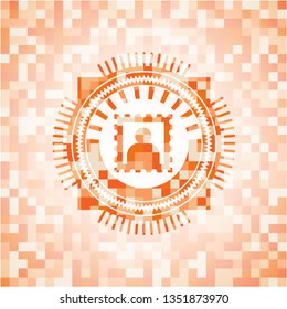  picture icon inside orange tile background illustration. Square geometric mosaic seamless pattern with emblem inside.