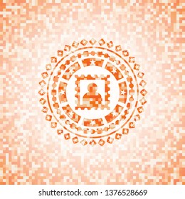 picture icon inside orange tile background illustration. Square geometric mosaic seamless pattern with emblem inside.