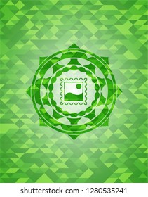 picture icon inside realistic green emblem. Mosaic background
