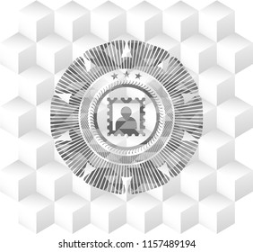 picture icon inside realistic grey emblem with geometric cube white background