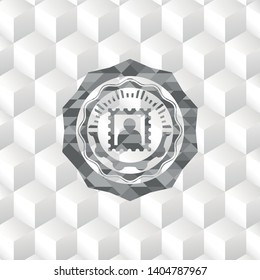 picture icon inside realistic grey emblem with geometric cube white background