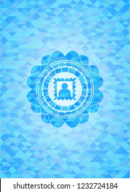 picture icon inside realistic sky blue emblem. Mosaic background