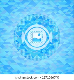 picture icon inside realistic sky blue emblem. Mosaic background
