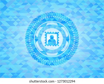 picture icon inside realistic sky blue emblem. Mosaic background