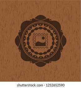 picture icon inside realistic wood emblem
