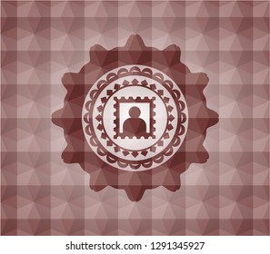 picture icon inside red emblem with geometric background. Seamless.