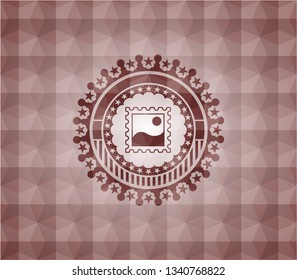 picture icon inside red emblem with geometric pattern. Seamless.