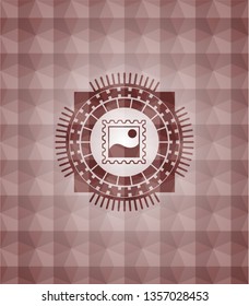 picture icon inside red emblem or badge with abstract geometric polygonal pattern background. Seamless.