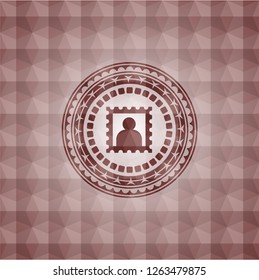 picture icon inside red geometric pattern emblem. Seamless.