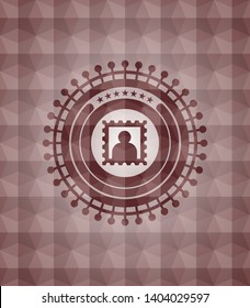 picture icon inside red geometric pattern emblem. Seamless.