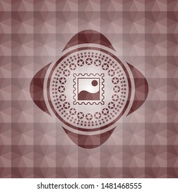 picture icon inside red geometric emblem. Seamless.