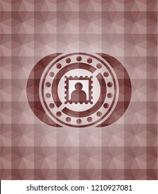 picture icon inside red seamless emblem or badge with geometric pattern background.