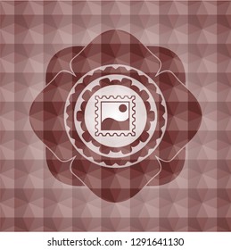 picture icon inside red seamless emblem or badge with geometric pattern background.