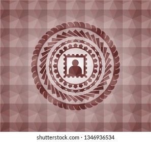 picture icon inside red seamless emblem with geometric pattern.