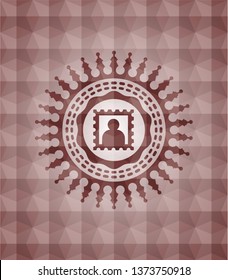 picture icon inside red seamless emblem with geometric background.