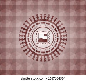 picture icon inside red seamless emblem with geometric background.