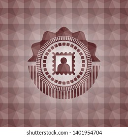 picture icon inside red seamless emblem or badge with abstract geometric pattern background.