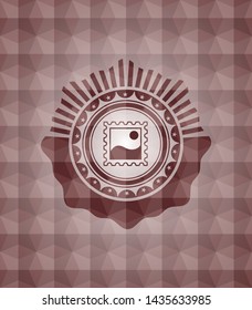 picture icon inside red seamless emblem or badge with abstract geometric polygonal pattern background.