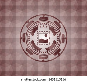 picture icon inside red seamless emblem or badge with abstract geometric pattern background.