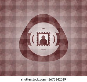 picture icon inside red seamless geometric pattern emblem. Seamless.