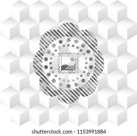 picture icon inside retro style grey emblem with geometric cube white background