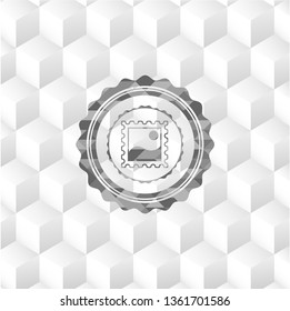 picture icon inside retro style grey emblem with geometric cube white background