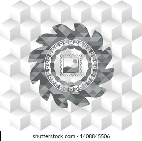 picture icon inside retro style grey emblem with geometric cube white background