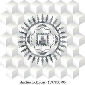 picture icon inside retro style grey emblem with geometric cube white background