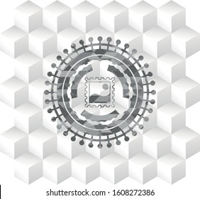 picture icon inside retro style grey emblem with geometric cube white background