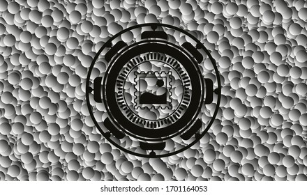 picture icon inside retro style black emblem with grey bubbles background. Vector Illustration. Detailed.